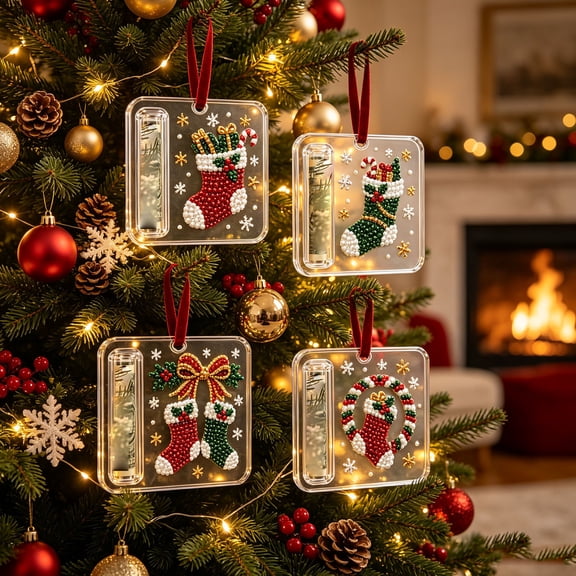 PLPPYFS Christmas Cash Gift Holder Ornament, 4PCS Christmas Ornaments DIY Pearl Diamond Art Kits, Acrylic Christmas Money Holders for Cash, Funny Holiday Xmas Tree Hanging Ornaments Decor