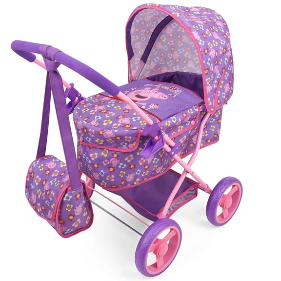 Peppa Pig: Doll Deluxe Pram & Bag - Purple, Pink, Flowers - Accessory For Dolls Up To 18", Shoulder Bag, Foldable, Retractable Canopy, Kids To, Age 3 