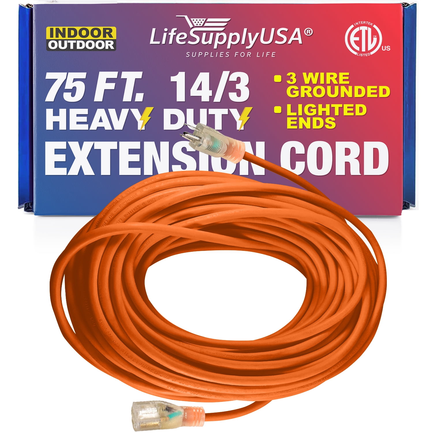 75 ft Power Extension Cord Outdoor & Indoor Heavy Duty 14 gauge/3 prong