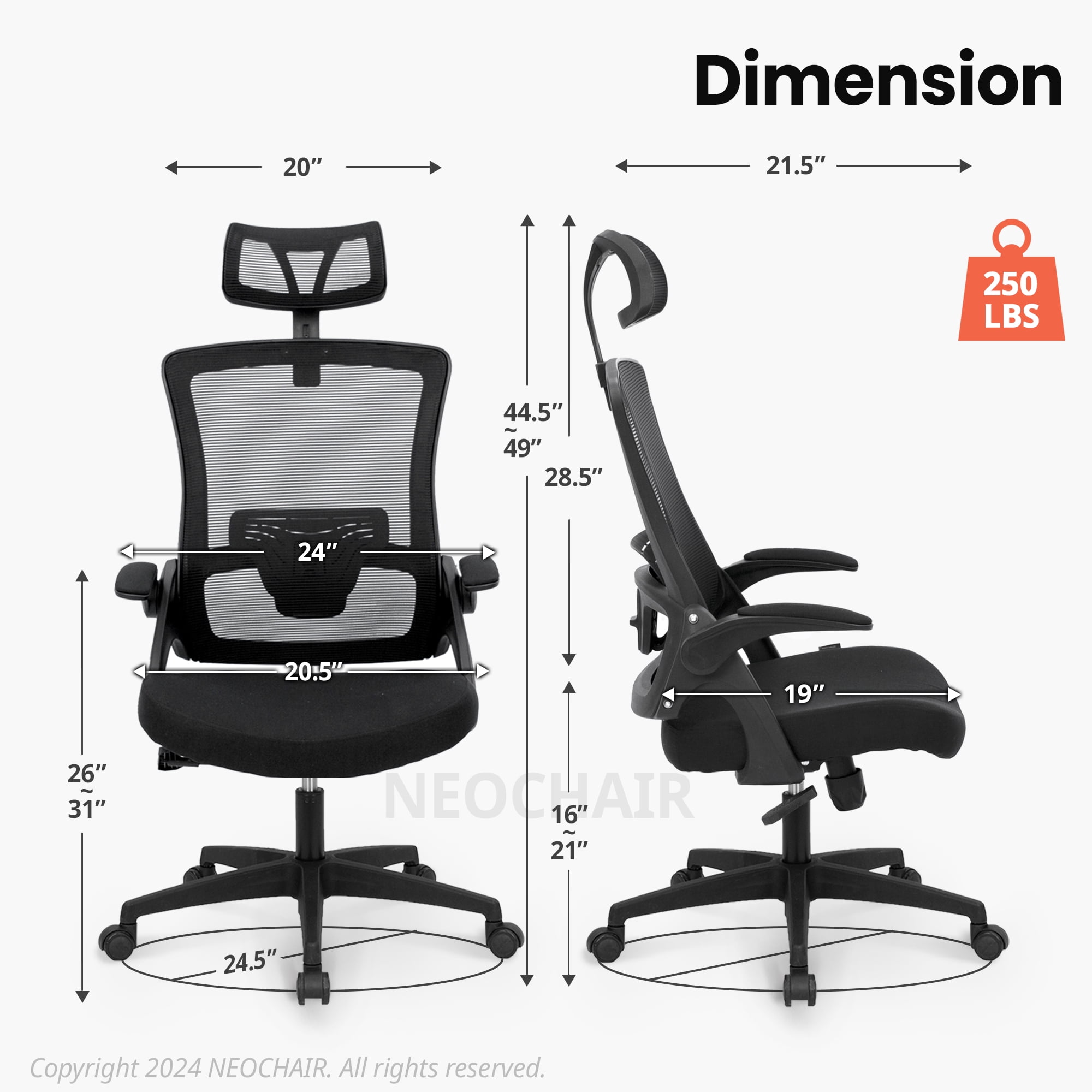 Neo Chair High Back Ergonomic Desk Chair Office Chair, Breathable Mesh Desk Chair with Adjustable Lumbar Support and Headrest, Black