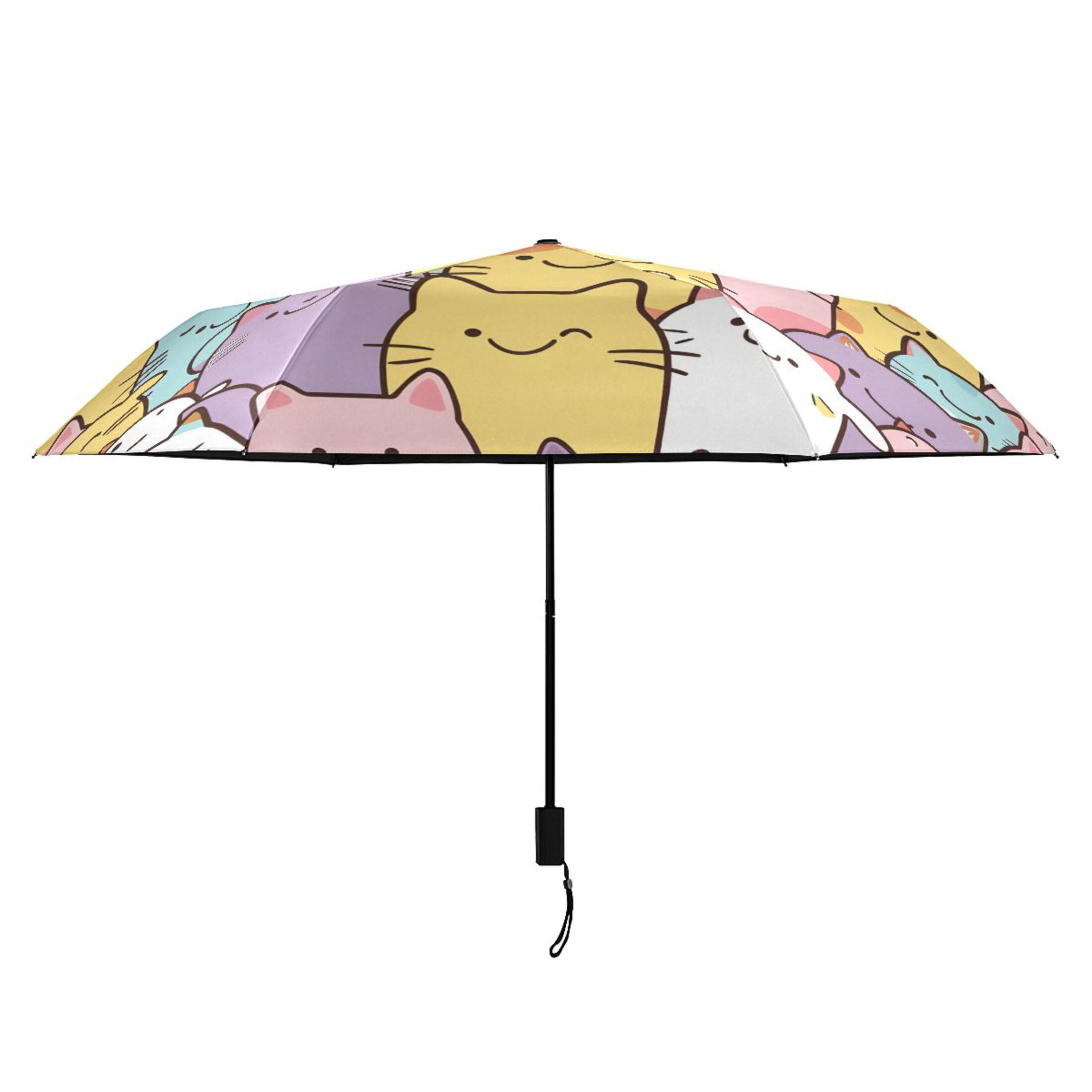 Cute Cartoon Cat Faces All Weather Umbrella Triple Folding Parasol 6 Ribs UV Protection Portable