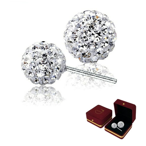 Crystal Ball Earrings Stud 925 Sterling Silver Paved Rhinestones Bling Unisex 12 MM