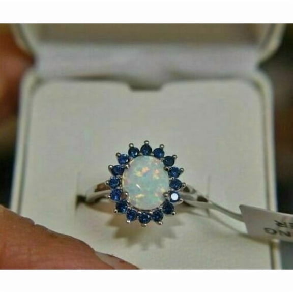 2Ct Oval Cut Fire Opal & Blue Sapphire Halo Engagement Ring 14K White Gold Plated