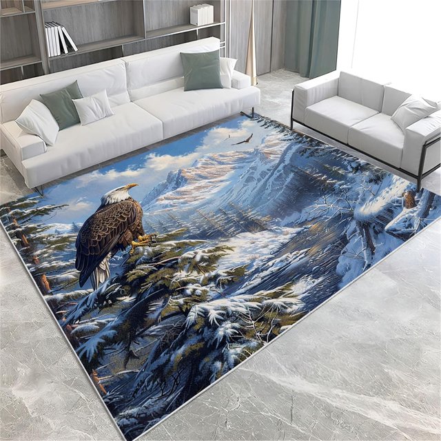 4x6 Washable Rug Nature Snow Mountain Bald Eagle Area Rugs Mat for Living Room, Anti Slip Soft Rug, Stain Resistant Dining Dorm Room Bedroom Rug Home Decorative