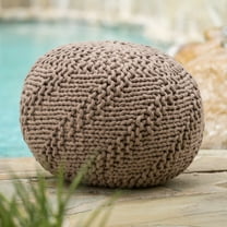 Noble House Zaire Indoor Outdoor Hand Knit Weave Fabric Pouf, Light Brown