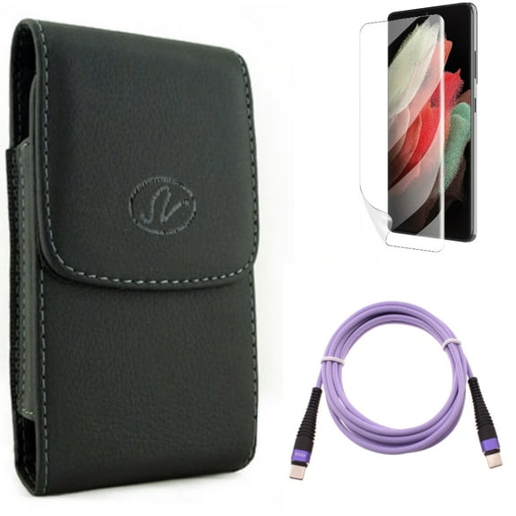 Case Belt Clip & Matte Screen Protector & Purple 6ft PD Cable for Samsung Galaxy S22 Plus (S22 ) - Combo Leather Holster Cover & TPU Film Anti-Glare & Type-C to USB-C Long Charger Cord Power