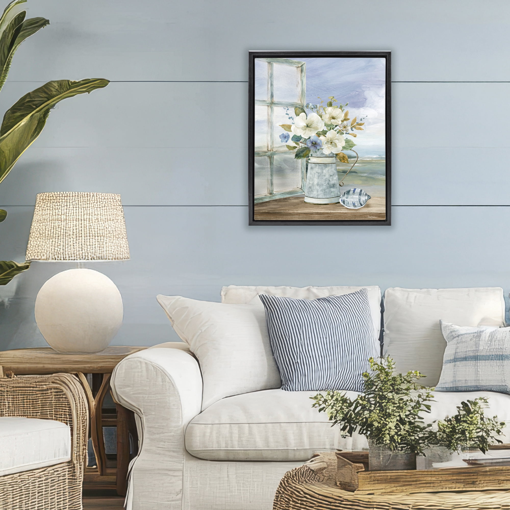 Stupell Industries Seaside Floral Bouquet Window Black Framed Floater Canvas Wall Art, design by Carol Robinson