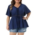 thumbnail image 2 of DARING DIVA Women's Plus V Neck Tie Peplum Blouse 1X Navy Blue, 2 of 6