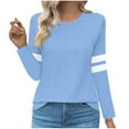 thumbnail image 1 of Lenpel T-Shirts pour Femmes à Rayures à Manches Longues à Col Ras du Cou à Plis devant Tuniques Habillées Décontractées Hauts Amples Tee Blouses (Bleu Pâle, Grand), 1 of 7