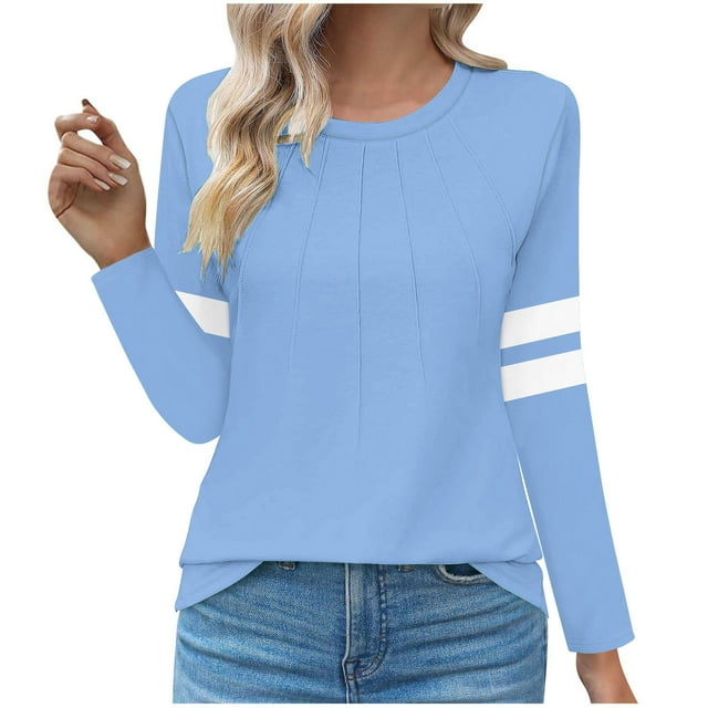 Lenpel T-Shirts pour Femmes à Rayures à Manches Longues à Col Ras du Cou à Plis devant Tuniques Habillées Décontractées Hauts Amples Tee Blouses (Bleu Pâle, Grand)