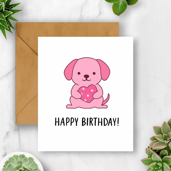 Cute Pink Puppy Birthday Card – Happy Birthday Greeting with Heart Design – Blank Inside, Envelope Included – Perfect for Dog Lovers and Birthday Celebrations