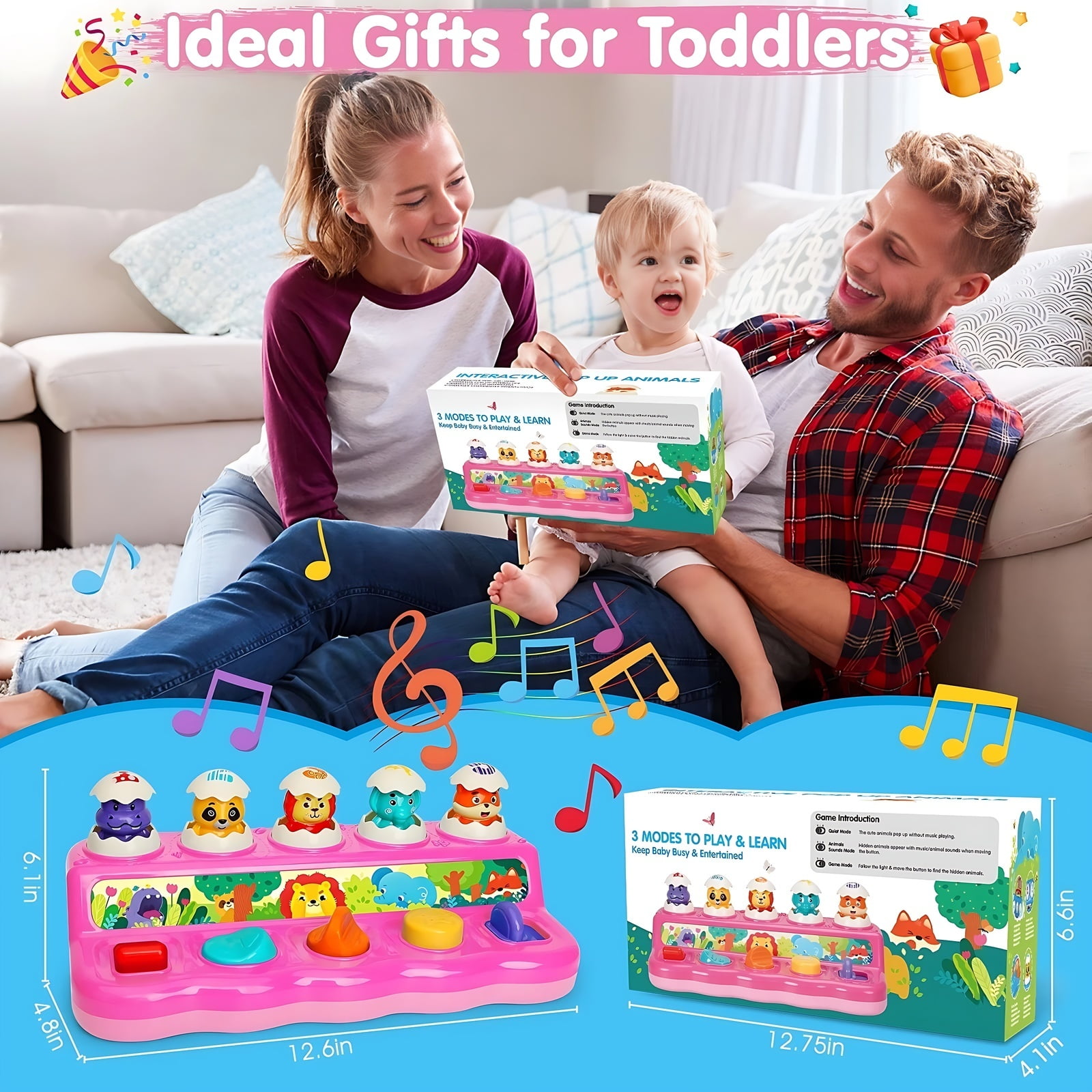 Wanonoo Interactive Pop Up Toys with Music & Light, Montessori Cause and Effect Toys for 1 Year Old Girl, Early Animal Learning Musical Baby Toys for 9-12-18 Months, Birthday Children's Day Gifts