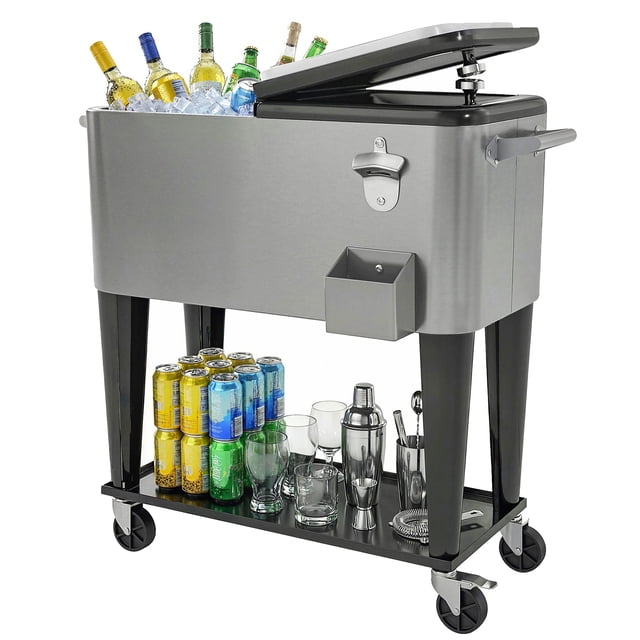Chariot Réfrigérant de Patio Roulant de 80 Pintes avec Tablette de Rangement, Refroidisseur de Boissons d'Extérieur Noir et Gris avec Ouvre-Bouteille, Roues Verrouillables et Drainage, 35,8 Pouces L x 15,4 Pouces L x 33,3 Pouces H pour BBQ