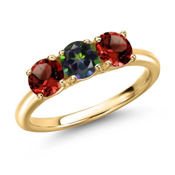 Gem Stone King 18K Yellow Gold Plated Silver Green Mystic Topaz and Red Garnet Engagement Ring for Women | 1.65 Cttw | Round 5MM | Gemstone November Birthstone | Size 8