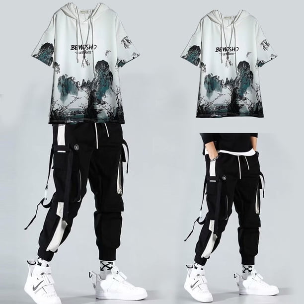Japonés retro Moda Corea Splash Tinta Paisaje Pintura Camisa Gráfica De Los Hombres Y Las Mujeres De Gran Tamaño De Manga Corta Camiseta + Pantalones Pareja Más El La Parapangjing