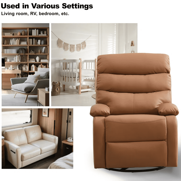 Set of 2 Khaki Small Genuine Leather Recliners with 360° Swivel & Rocking Motion, Modern Space-Saving Chairs for Home & RV
