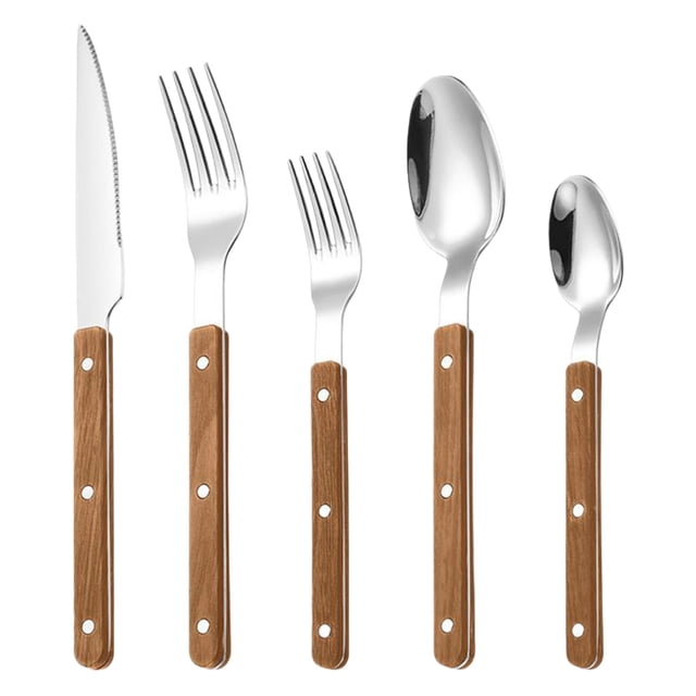 Stainless Steel Steak Knife Set 5 Piece With Studded Clip Handle Coffee Khaki Color Fork Spoon Included