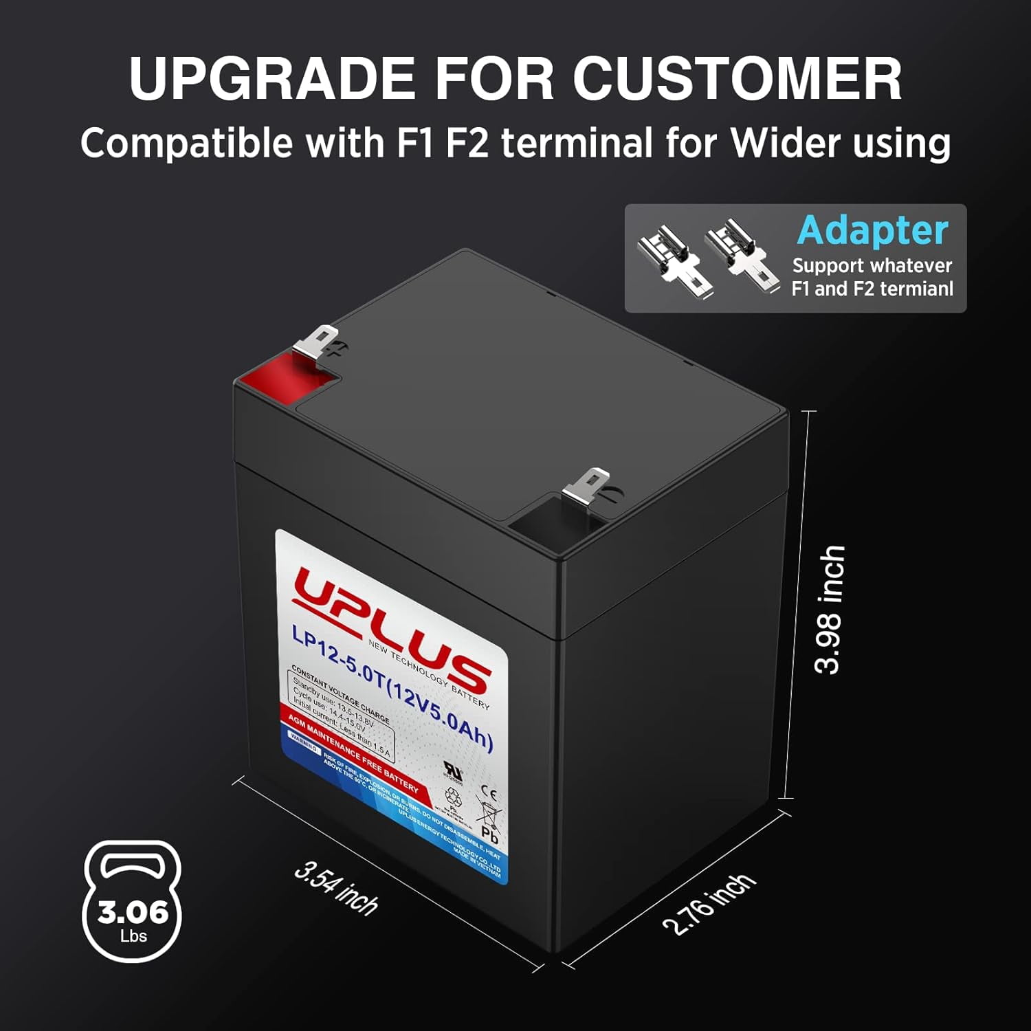 Uplus 12V 5Ah Rechargeable Sealed Lead Acid Battery - DJW12-5.0T Replaces Home Alarm Compatible with F1 F2 Terminals for Garage Doors, Security Systems, Burglar Alarms