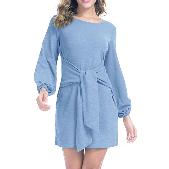 Vestido De Cóctel, Transpirable Manga Larga Linterna Vestido Corto Poliéster Lazo Cintura Cuello Redondo Color Puro Para Citas