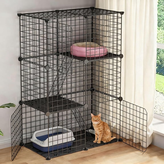 Large 3-Tier  Cage, Indoor  Enclosures Pliable DIY  Playpen, Detachable Metal Wire Kennels  Crate Box House with 3 Doors 2 Ramp Ladders for 1-2 Cats, 28.2"L x 14.0"W x 42.1"H,Black