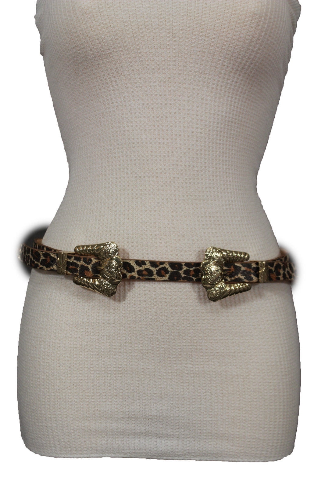 New Women Leopard Thin Belt Fashion Animal Print Gold Double Western ...
