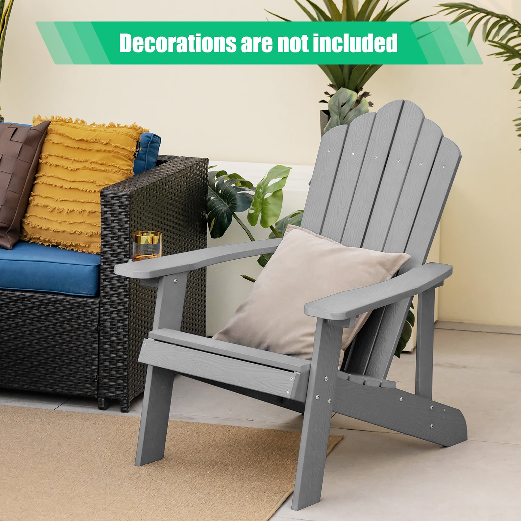Costway Patio HIPS Adirondack Chair with Cup Holder Weather Resistant Outdoor 380 LBS Grey