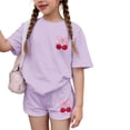 thumbnail image 2 of CCRFTGI Girls' Clothing Sets Summer Outfits Size 10-12 Cute Two Piece Outfits Athletic Bow Cherry Print Short Sleeve T Shirt and Elastic Waist Shorts Clothing Sets Purple Pink 2-3 Years, 2 of 7