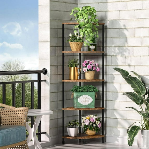 Corner Plant Stand Shelf, 5 Tier Tall Shelf Plant Stand for Indoor Plants, Rustic Brown Corner Bookshelf Wall Decor Living Room, 44.1" Display Shelf for Bedroom, Bathroom, Small Space
