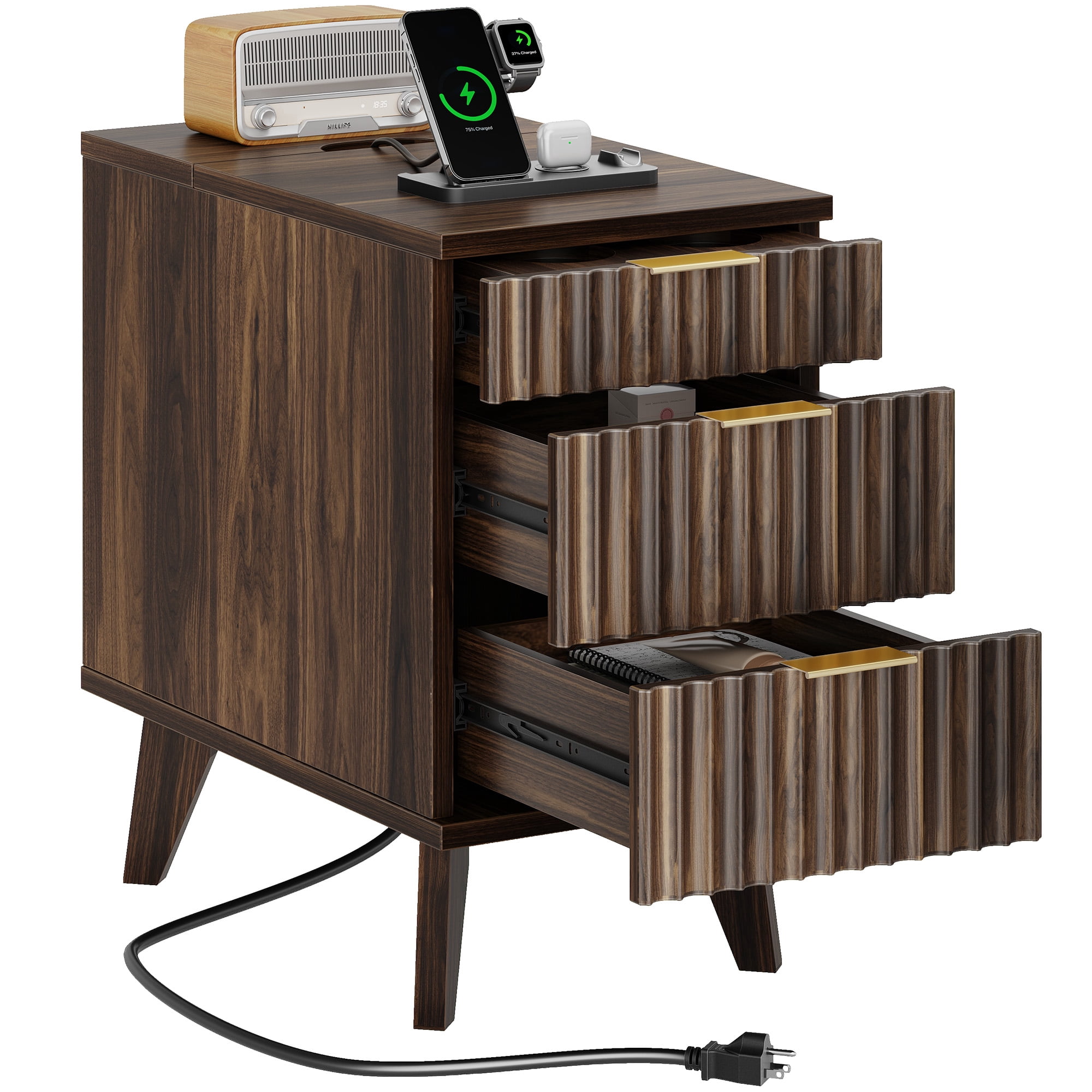 Biemlerfn 3 Drawer Side Table with Charging Station, Narrow End Table with Open Storage, Wooden Nightstand for Bedroom, Living Room, Brown