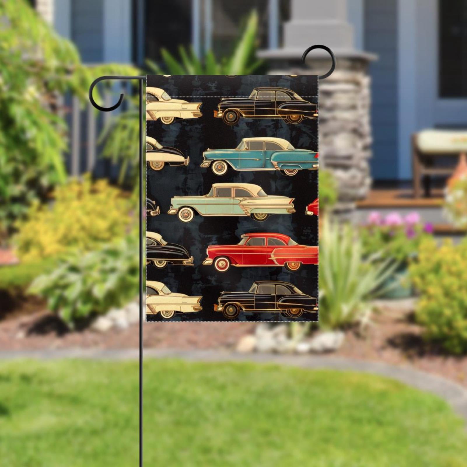 Vintage Cars on Black Background Double Sided Garden Flag Decorative Weather Resistant Yard Flag, Large DIY Vertical Flag for Farmhouse Patio Lawn, 28x40 Inch