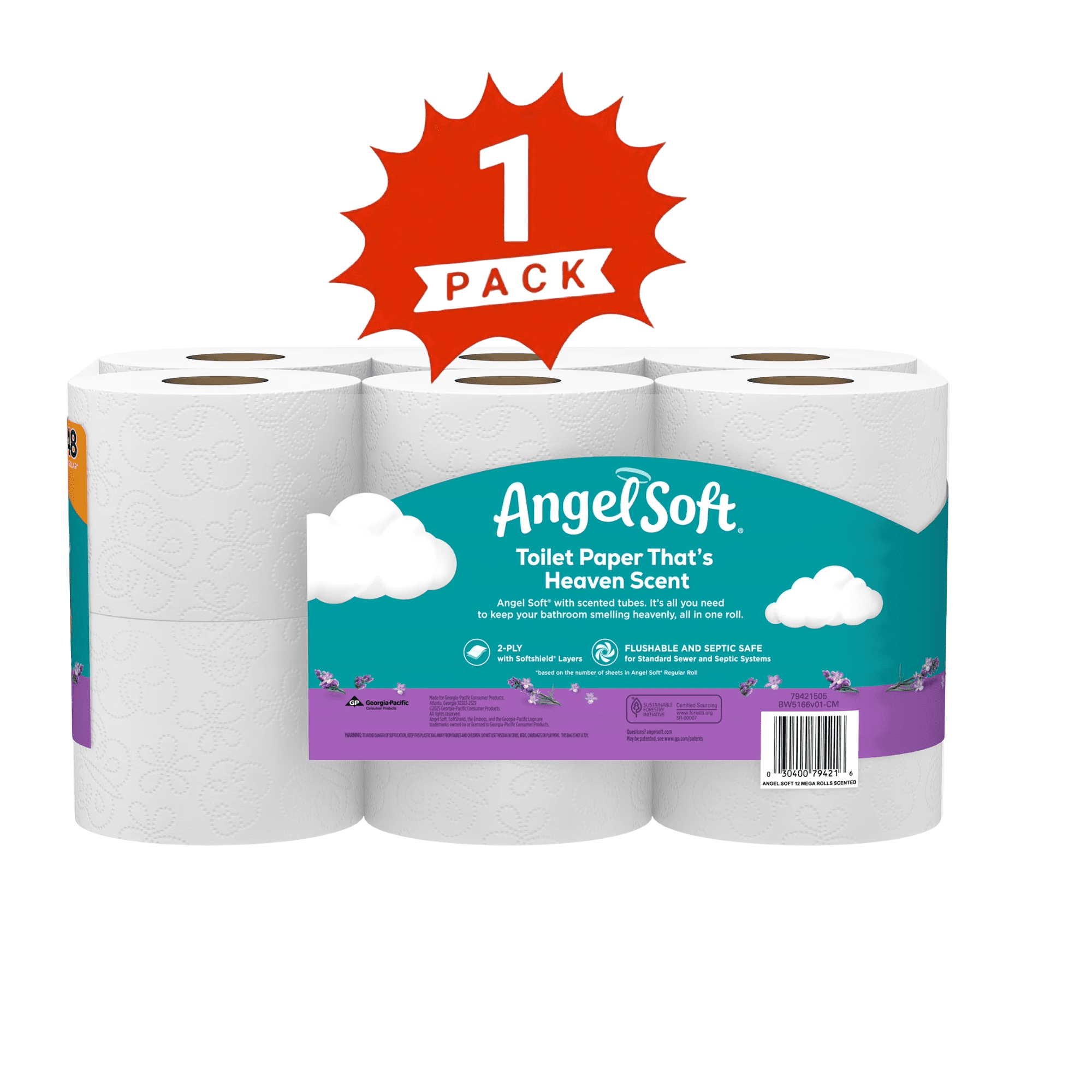 Angel Soft Toilet Paper, 12 Mega Rolls, 2-Ply Bath Tissue with Fresh Lavender Scented Tube, 320 Sheets per Roll (1-Pack)
