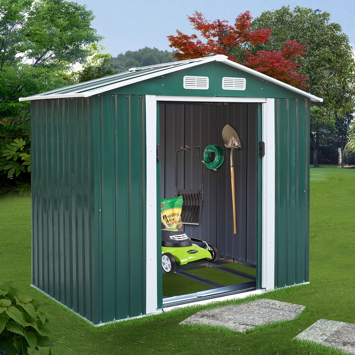 Jaxpety 7' x 4' Large Outdoor Steel Storage Shed with Gable Roof, 4 ...