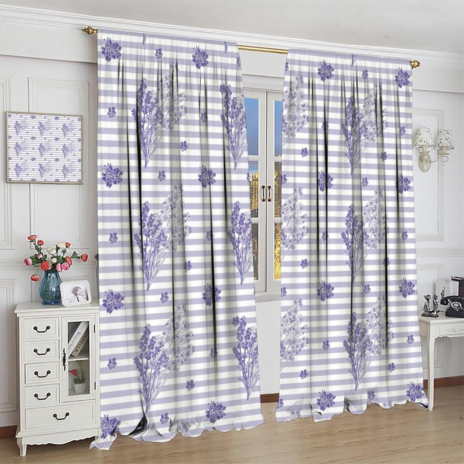 Lavender Floral Curtains - Purple Stripe Print Living Room Curtains for Girls - Blackout Comfortable Elegant 52x84 Inch 2 Panels