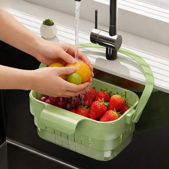 Foldable Hanging Sink Drain Basket Stretchable Kitchen Colander with Flip Cover Space Saving Food Strainer, Multi-functional Faucet Storage Rack Draining for Fruits Vegetables Utensils(Green)