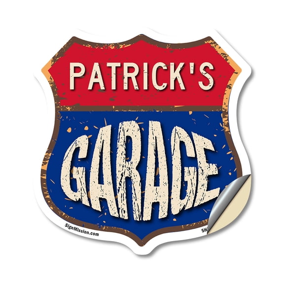 Patrick's Garage 18 inch X 18 inch Shield Shaped Heavy Duty 3.2 mil Vinyl Decal Weather Resistant, UV Protected To last, Gift for Dads and Uncles Classic Americana Crafted in the USA