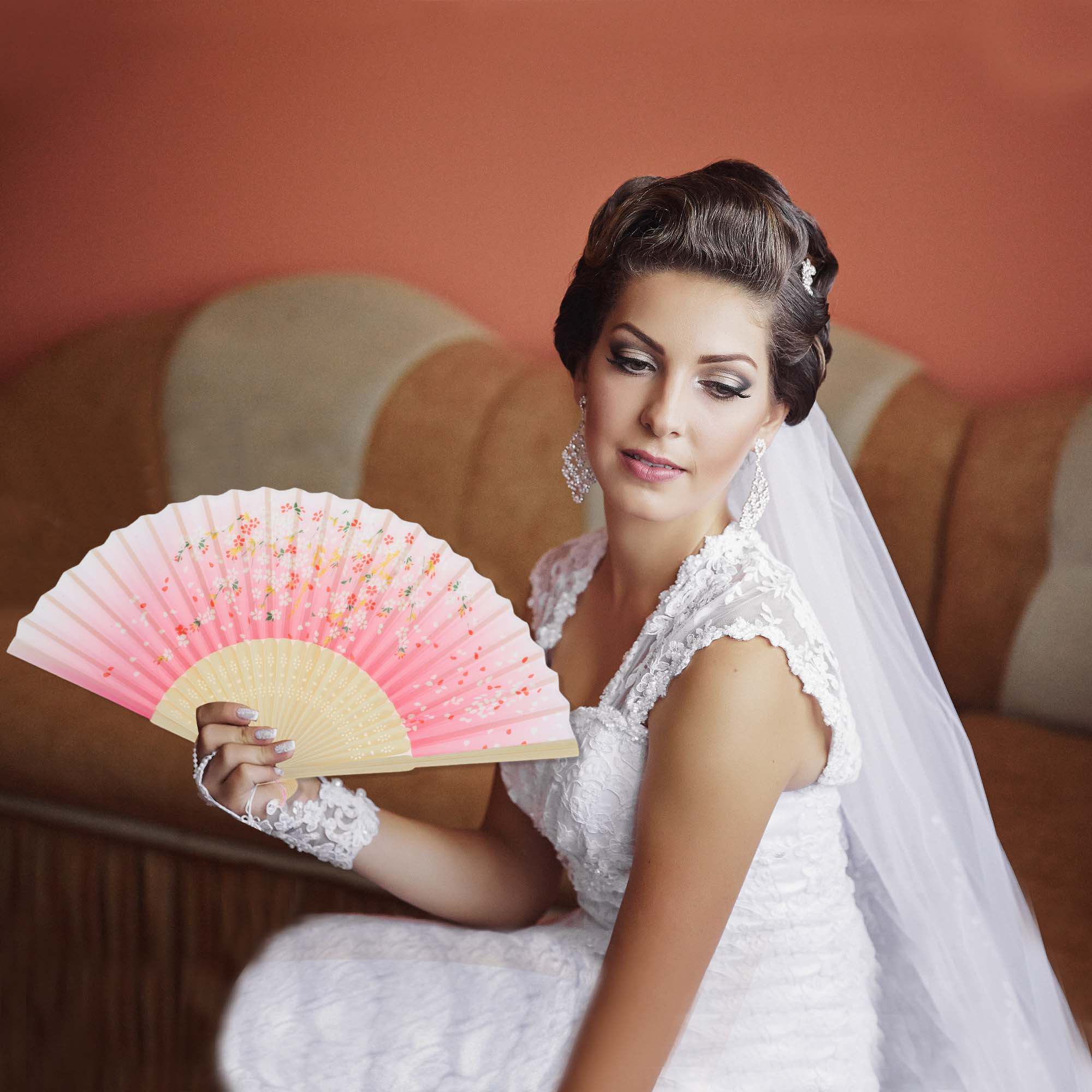 Unique Bargains Ancient Style Folding Fan 1Pc for Parties Rose Red [Floral Print]