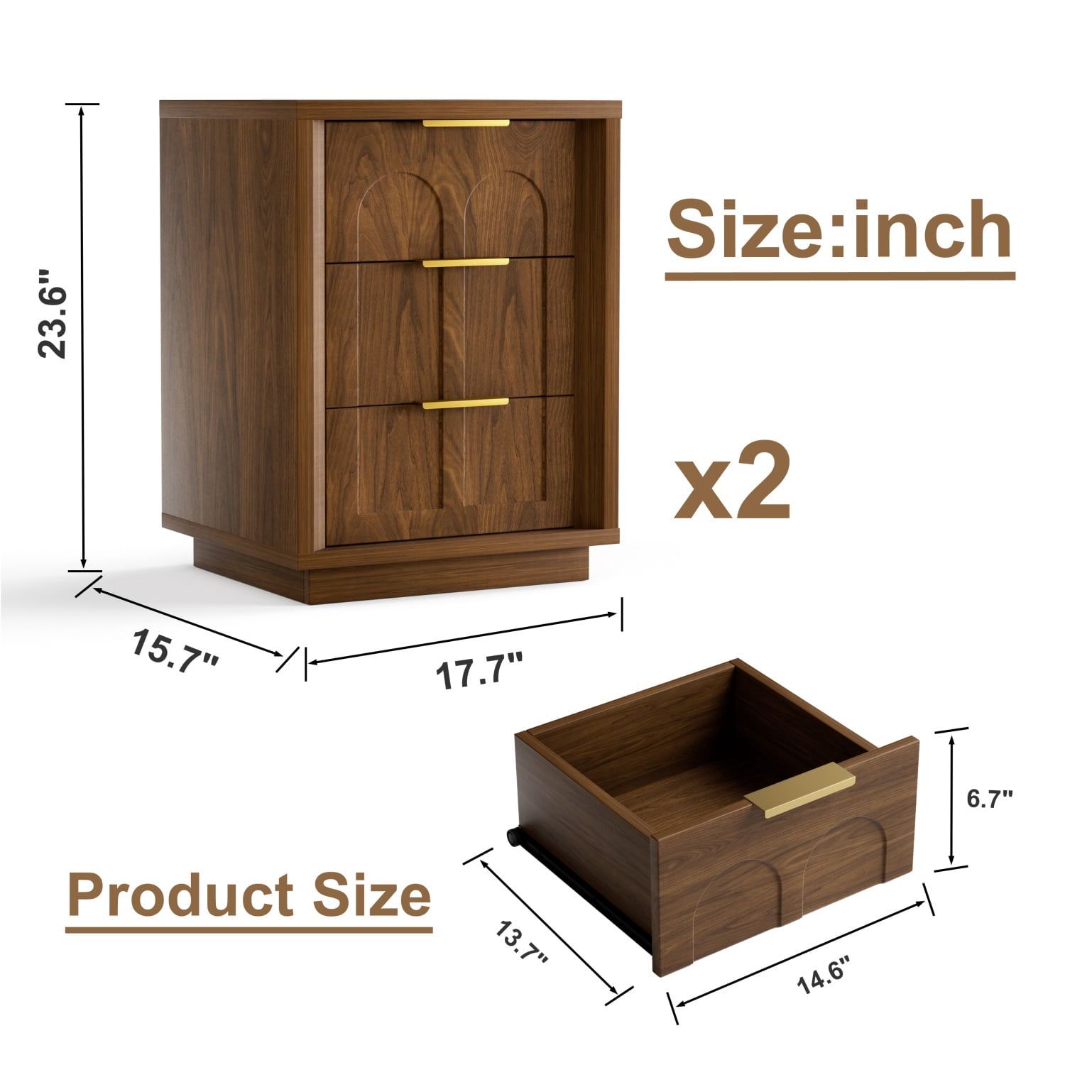 Hommoo 2-Piece Nightstand Set with Arched Drawer Fronts, 3-Drawer Mid-Century Modern Side Tables for Bedroom, Living Room & Office, MDF Construction with Gold-Tone Metal Handles, Walnut