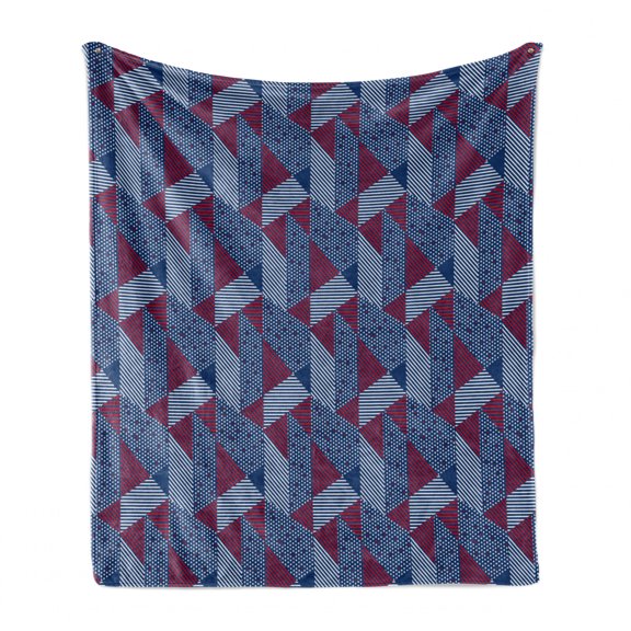 Abstract Soft Flannel Fleece Throw Blanket, Rhythmic Stripes Triangles Dots Geometric Arrangement Pattern, Cozy Plush for Indoor and Outdoor Use, 50" x 70", Night Blue Vermilion, by Ambesonne