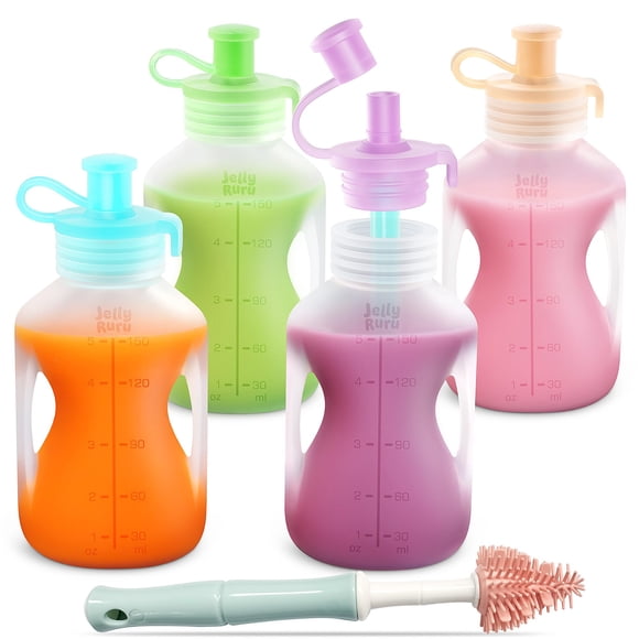 Bolsas de silicona reutilizables para comida para bebés Jelly Ruru con pajitas, 4 unidades