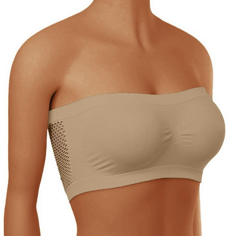 Knosfe Women's T-shirt Comfort Wireless Bra Seamless Bandeaus Mesh Support  Strapless Bra Plus Size 3 Pack Beige L