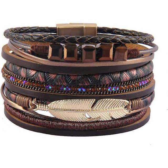 Heyone Womens Leather Cuff Bracelet Feather Multi Strand Bracelet Wrap Bracelet Turquoise Boho Bangle Braided Leather Wristbands Bohemian Jewelry Gift
