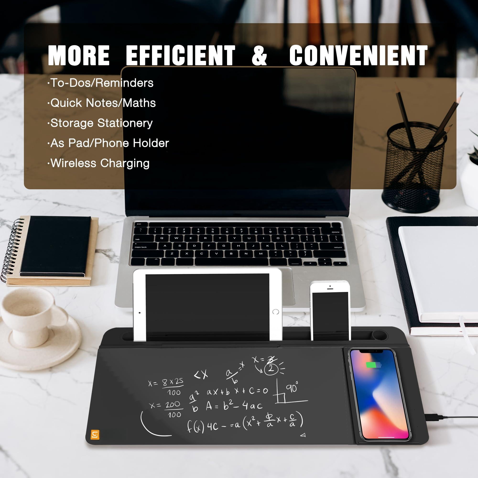 Desktop Glass Whiteboard With Wireless Station  Dry Erase Board Computer Pad Stand Organizer For Home School Office Desk Accessories Black