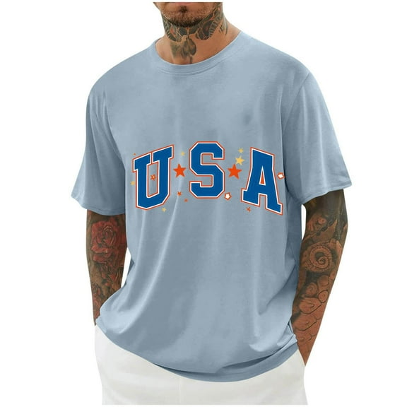 Wyobmus Mens Usa Shirt American Flag Short Sleeve T-Shirt Crew Neck Loose 4Th Of July Patriotic Tees Blouses A-Light Blue