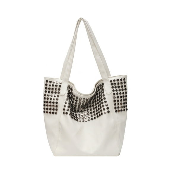 Hue & Hold Women's Large Capacity PU Tote Bag Studded Shoulder Bag Hobo Handbag with Metal Zipper, White