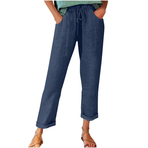 Qiopertar Linen Cotton Pants for Women Spring Summer Casual Wide Leg Trousers Elastic Waist Solid Color Straight Tube Ankle-Length Pants with Pockets, Navy M