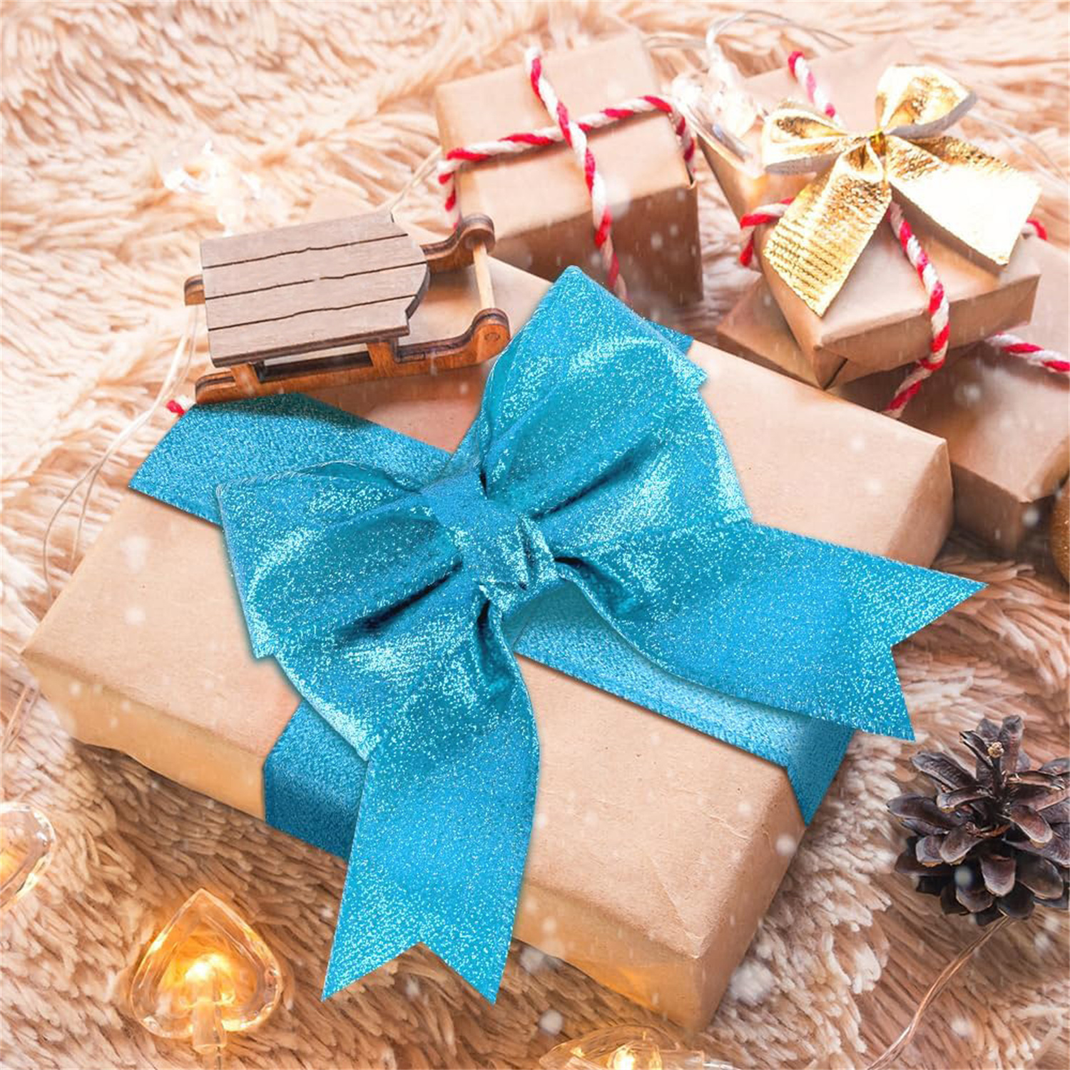 Blue Metallic Glitter Ribbon for Gift Wrapping, Wired Edge Christmas Ribbons for Tree Decoration Wreath DIY Crafts Home Outdoor Party Decor Bows, 2.5" x 20 Yards x 2 Roll