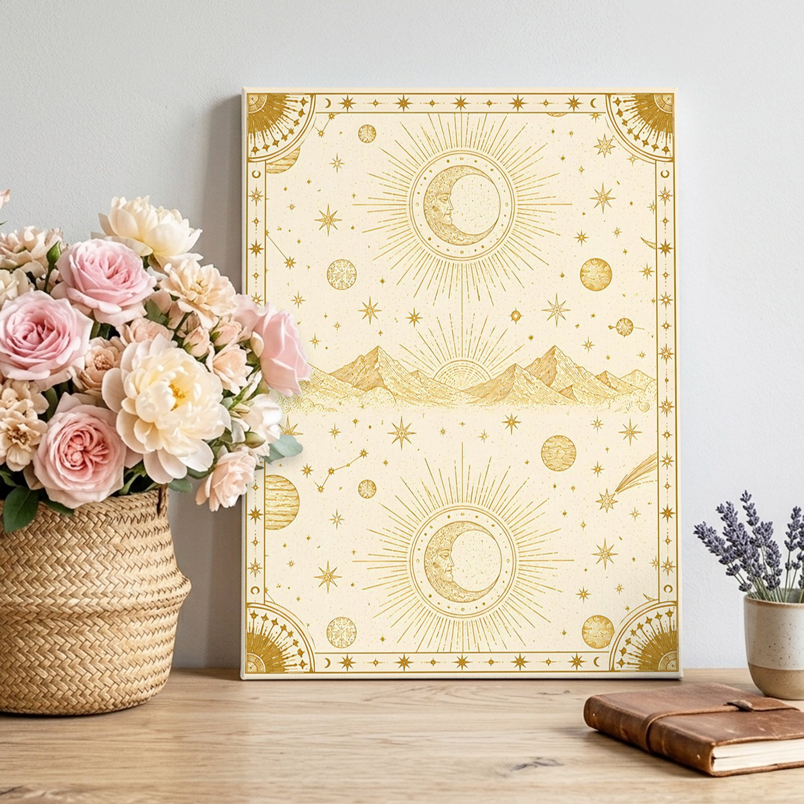 Canvas Wall Art Golden Abstract Framed Canvas Prints for Living Room Bedroom Rising Horizon Sun Mystical Moon Gallery Wrapped Wall Decor for Home Office Gifts 12 x16 Ship Next Day