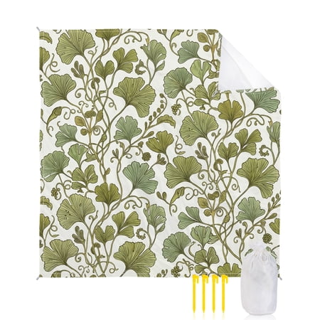Beach Blanket Waterproof Sandproof Sage Green Ginkgo Leaves Beach Blankets with Stakes Quick Dry Sand Free Outdoor Picnic Mats Floral Twist Stems Vines Large Beach Mat for Sand Camping 108 x84