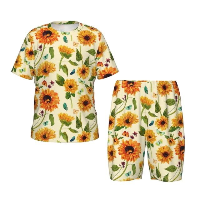 Fotbe Sunflowers And Butterflies Pijama Estampada de 2 Piezas para Niños – Ropa de Dormir de Manga Corta Cómoda para Niños y Niñas, Camiseta y Shorts de Algodón-3X-Large
