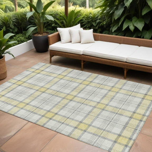 8' X 10' Yellow And Gray Plaid Washable Indoor Outdoor Area Rug